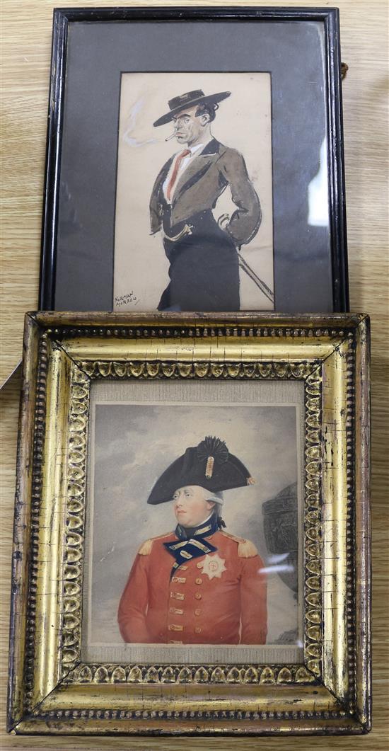 After Beucher, stipple engraving, portrait of George III, 18 x 14cm and a Norman Morrow, sketch of a Matador 19 x 11cm